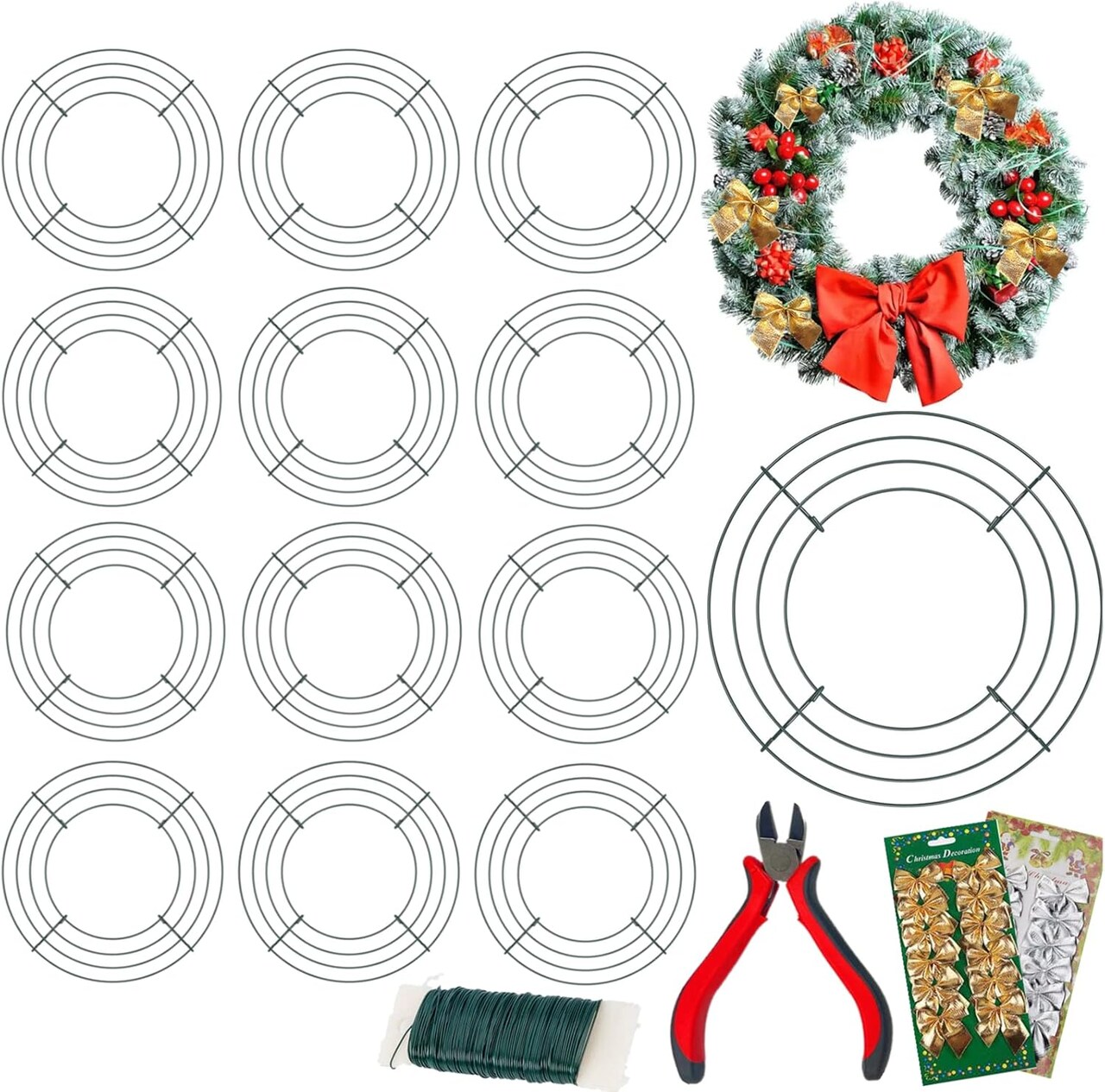 14 Pieces Wire Wreath Frame(10Inch), ENLAYER Metal Wreath Frame Dark Green Wire Round Wreath with 12 Golden Bow Tie,12 Silver Bow Tie,1 Wire Pliers and 115FT 22 Gauge Paddle Wire for Crafts